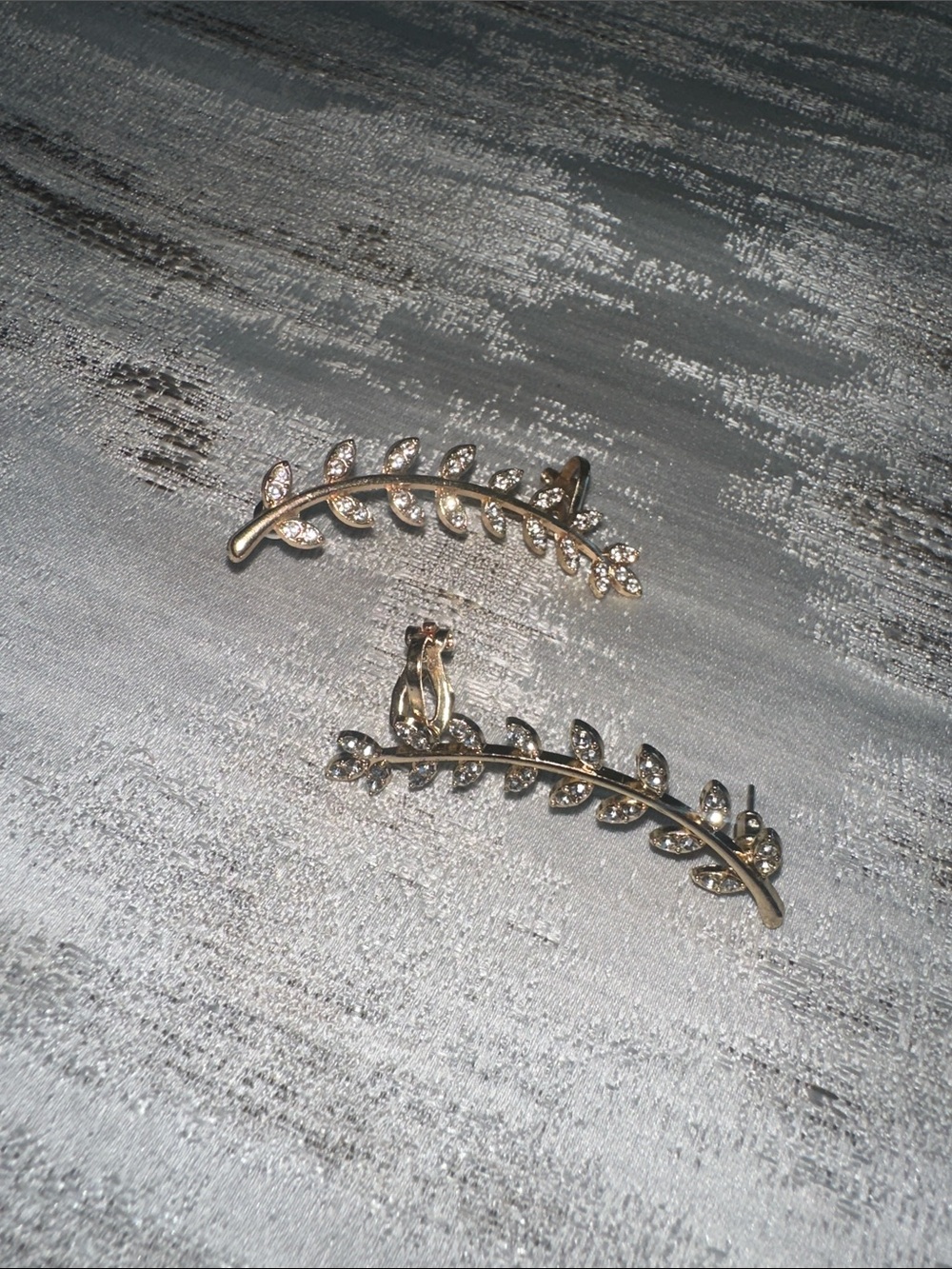Leaf Vine Ear Climbers with Rhinestones - Gold Tone